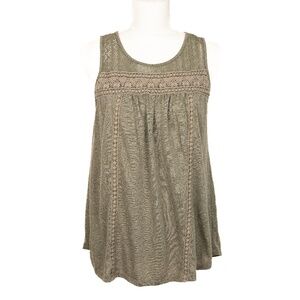 Sonoma Olive Green Smocked Sleeveless Tank Top w/ Lace & Embroidered Detailing